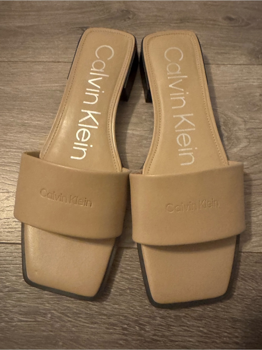 Calvin Klein Nude/Tan Slide Sandals with Square Toe